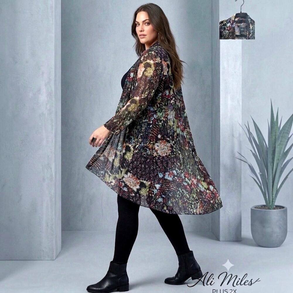 Ali Miles Kimono Cardigan 2X Open Front Art to Wear Colorful Abstract Mesh BOHO